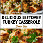 Close-up of creamy turkey casserole with herb stuffing topping and fresh parsley garnish